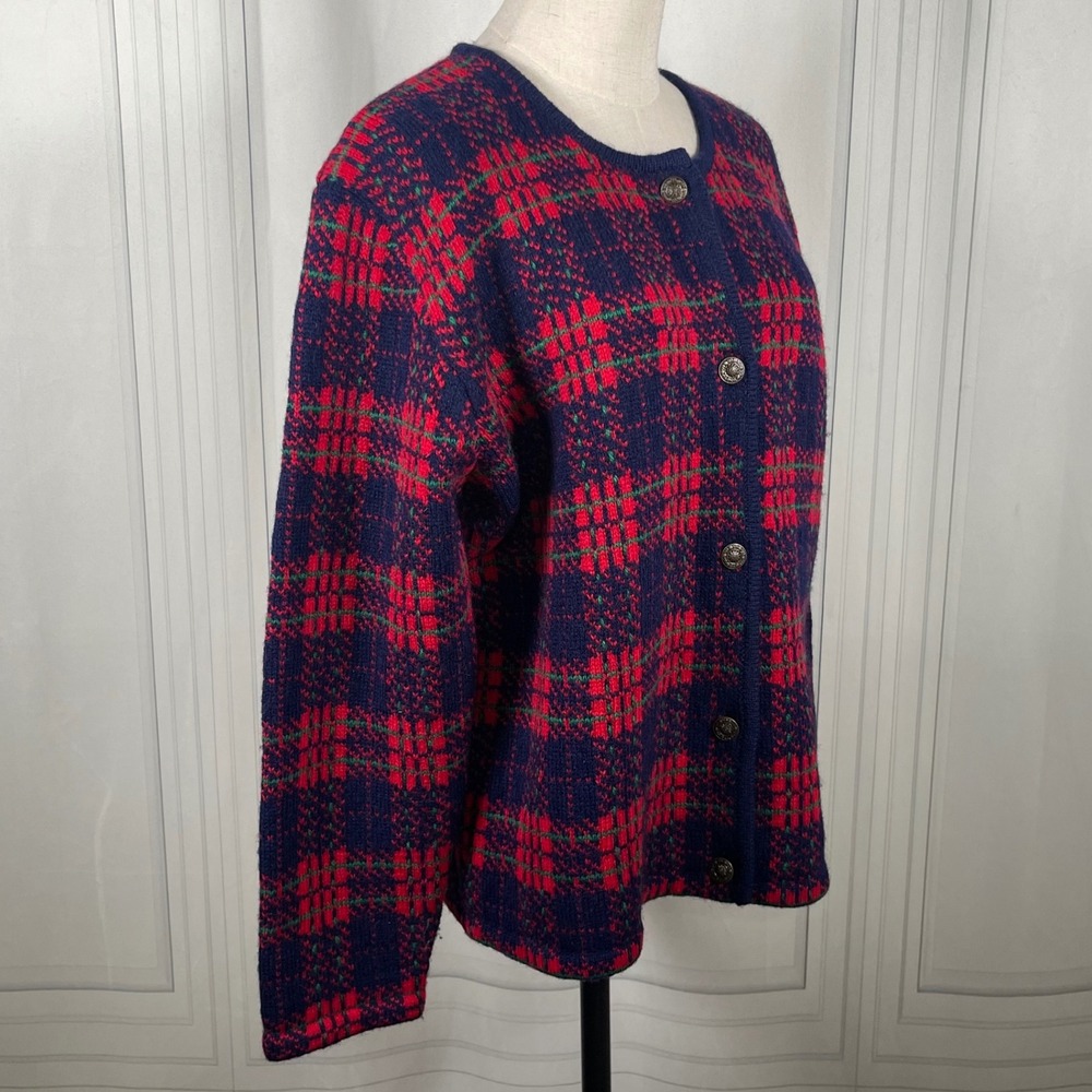 Vintage 90's Susan Bristol Wool Cardigan Sweater Plaid Knit Navy Red Green- L - Picture 5 of 16